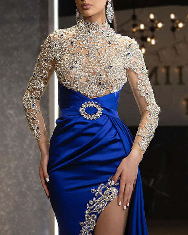 Women's Elegant Applique Embroidery Draped Design Asymmetric Sequined Long Skirt Evening Dress S-XXL