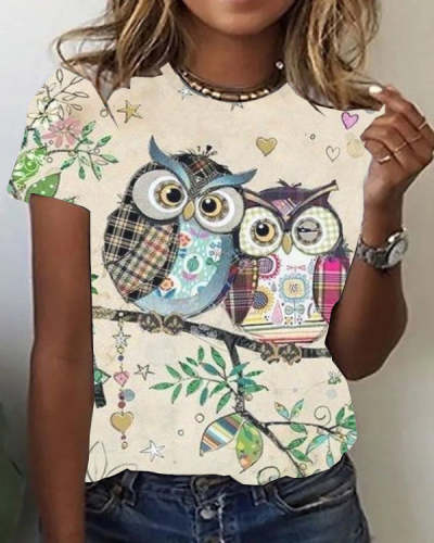 Casual Owl-Print Short Sleeve Shirts&Tops