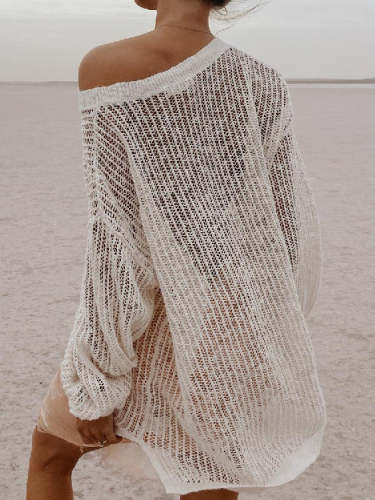 Knit Lace Long Sleeve Loose Solid Color Cover Up