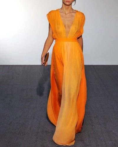 Orange V-Neck Sleeveless Long Dress