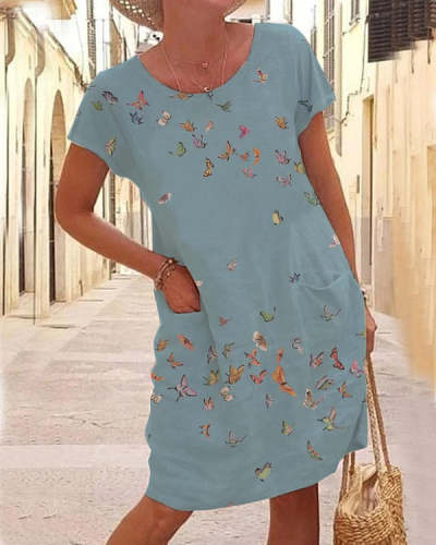 Round Neck Casual Butterfly Print Short Sleeve Knit Dress