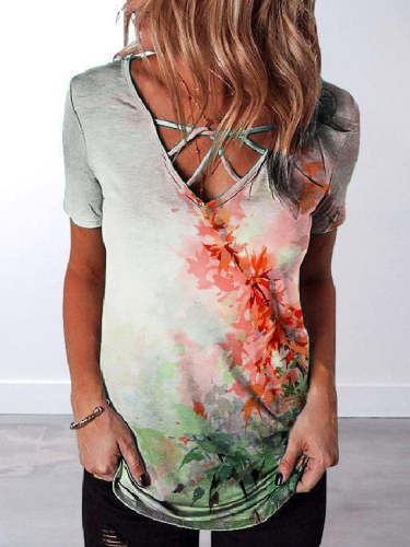 Women's Printed Short Sleeve V-Neck Webbing T-Shirt