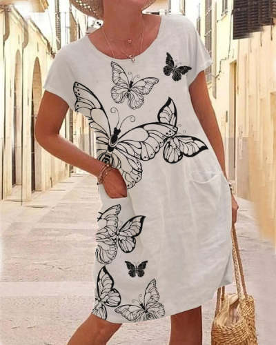 Round Neck Casual Butterfly Print Short Sleeve Knit Dress