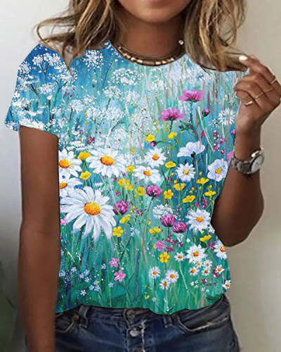 Casual Floral-Print Short Sleeve Shirts&Tops