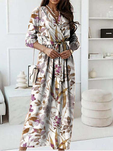 Printed Satin Pleated Elegant Bandage V-Neck Dress