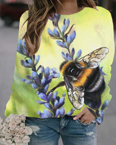Casual Bee Floral Crew Neck Long Sleeve Top