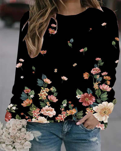 Casual Floral Print Crew Neck Long Sleeve Top