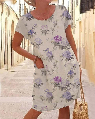 Crew Neck Casual Floral Print Short Sleeve Knit Dress