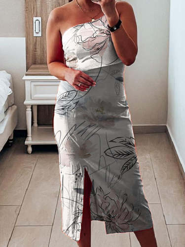 Printed Satin Elegant Fitted One-Shoulder Long Slit Dress
