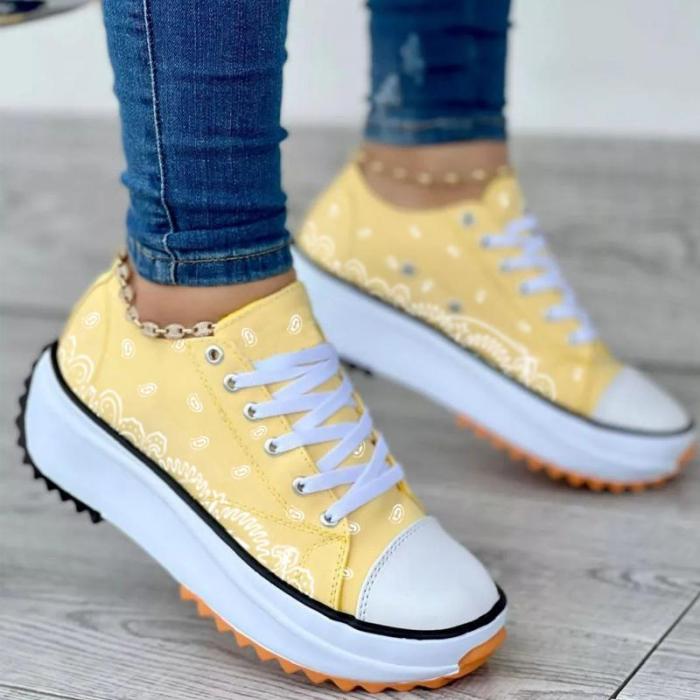 🎁BIG SALE 60% OFF🎁 Women's Casual Daily Canvas Print Lace-up Platform Heel Sneakers