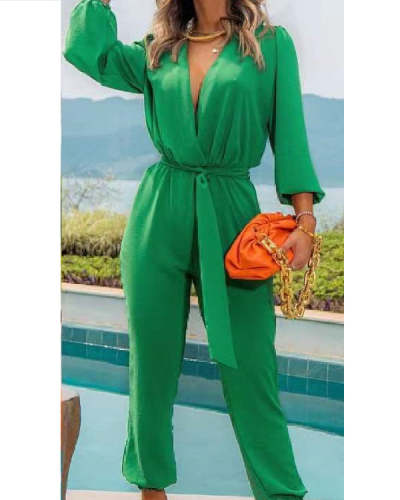 Solid Color Long-sleeved Waist Sexy Shirt Jumpsuit