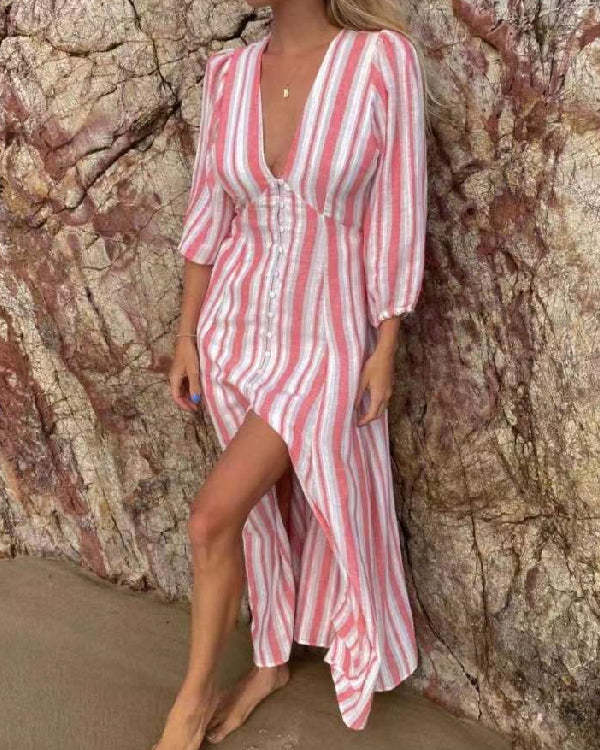 V Neck Striped Half Sleeve Sexy Casual Resort Dress