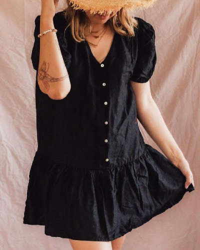 Plus Size Comfortable Loose Short Sleeve Solid Color Cotton Linen Dress