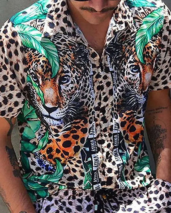 Men's Casual Button Animal Print Short Sleeve Top