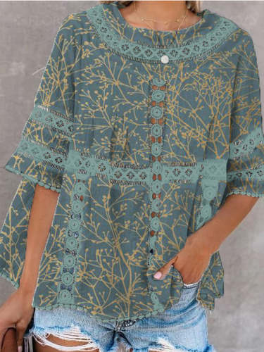 Round Neck Cotton and Linen Ethnic Casual Top
