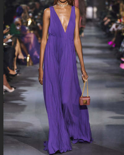 Purple Loose V-Neck Sleeveless Pleated Dress