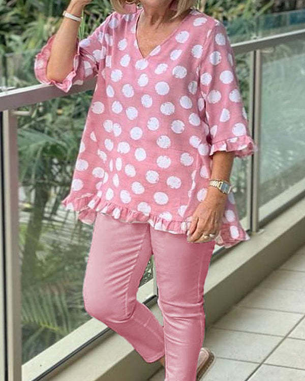 Pink Casual Polka Dots Printed Top Pants Two-piece Suit