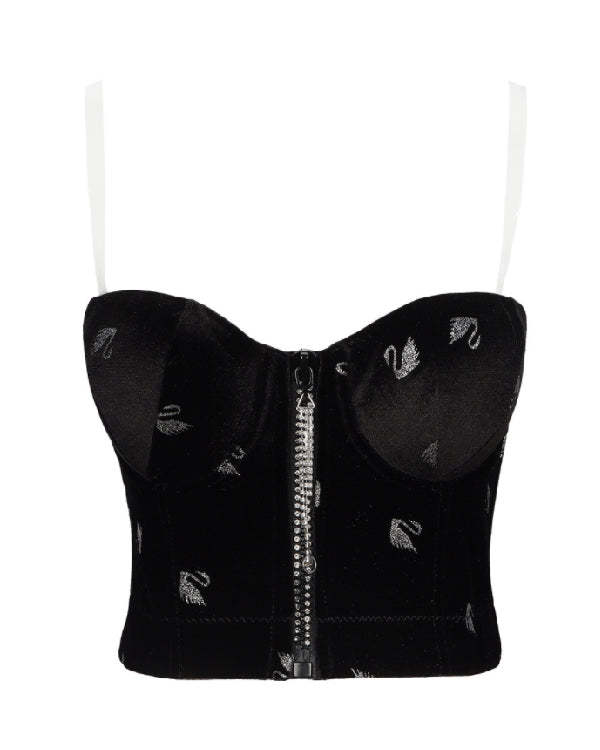 Sexy Velvet Swan Print Sheer Suspender Outer Corset