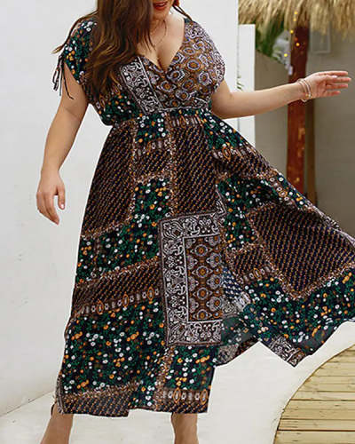 Plus Size Casual Boho Floral Pleated Dress