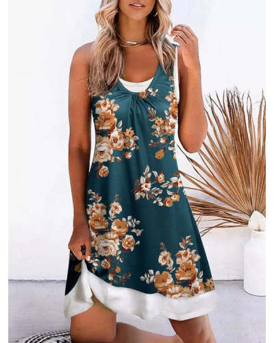 Fake Two Piece Crew Neck Printed Off-Shoulder Sexy Dress