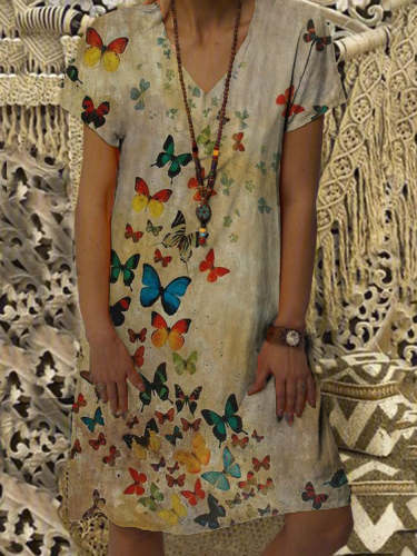 Vintage Casual V-Neck Oil Painting Floral Print Dress