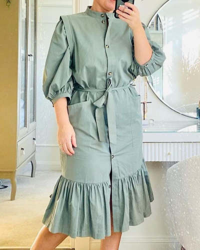 Plus Size Casual Shirt Long Sleeve Solid Slim Fit Crew Neck Dress
