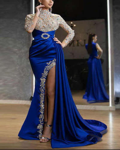 Women's Elegant Applique Embroidery Draped Design Asymmetric Sequined Long Skirt Evening Dress S-XXL