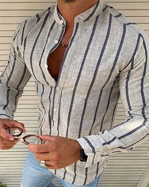 Men's Striped Street Casual Button Long Sleeve Top