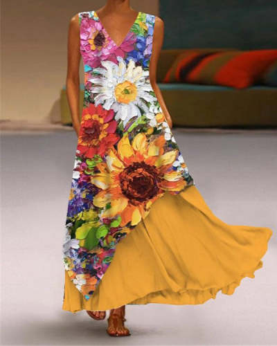 Vacation Sunflower V Neck Short Sleeve Woven Dress