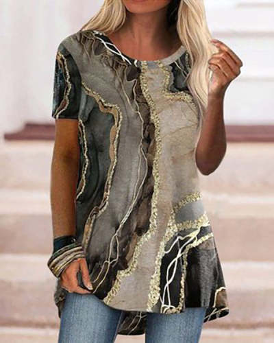 Casual Marble Print Crew Neck Short Sleeve Top