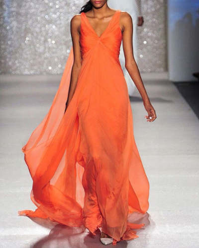 Orange Chiffon Flowy V-Neck Sleeveless Dress