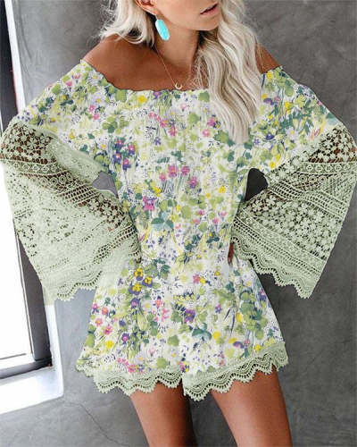 Long-Sleeve Off-Shoulder Printed Lace Loose Mini Dress S-5XL
