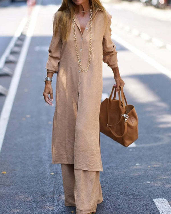 Casual Solid Color Long Sleeve Slit Two-piece Suit