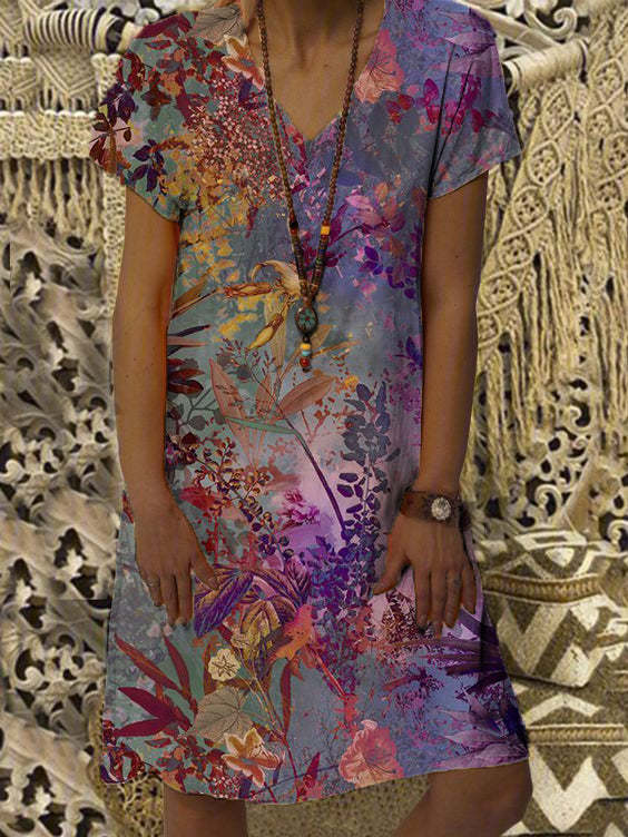 Vintage Casual V-Neck Oil Painting Floral Print Dress