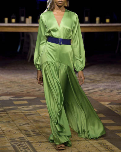 Green V-Neck Satin Satin Puff Sleeve Pleated Dress