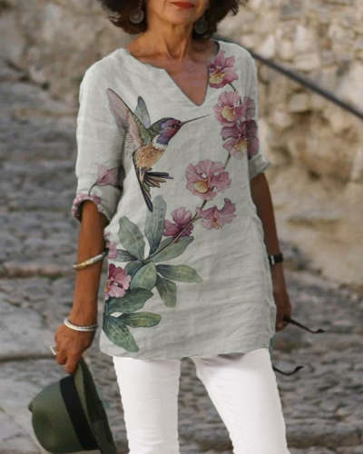Casual Bird and Floral Print V-neck Top