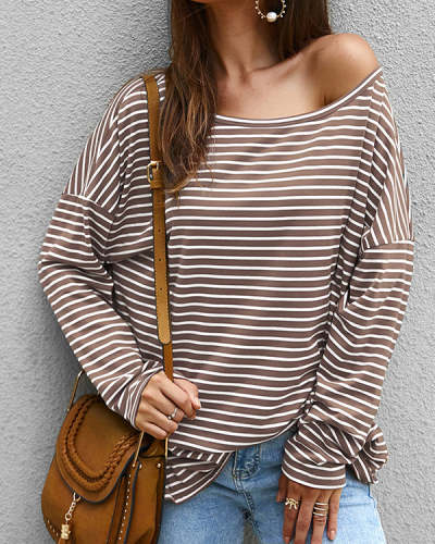 New Patchwork Sexy Casual Off-the-Shoulder Long Sleeve Striped Top