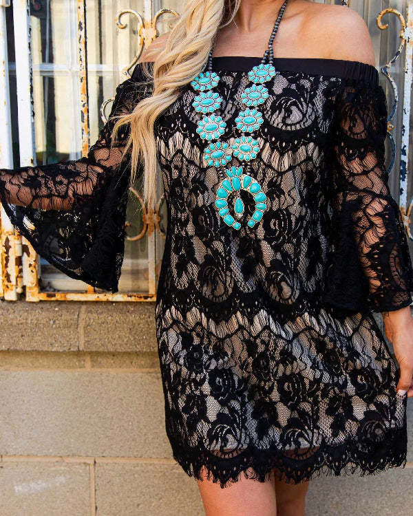 Solid Color Lace Long Sleeve Sexy Casual Holiday Dress