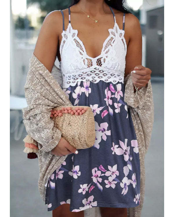Lace Printed V Neck Off-Shoulder Resort Dress
