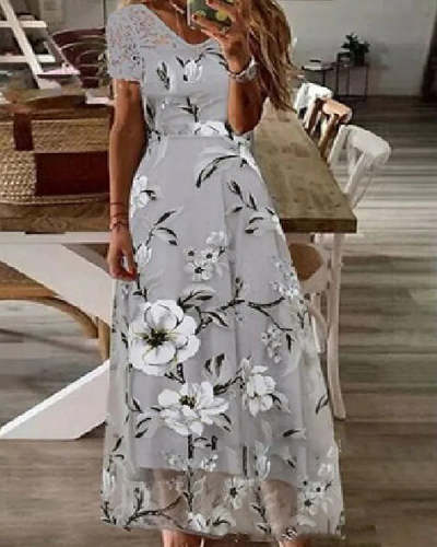 Lace-paneled Short-sleeve Nipped-waist Floral-print Maxi Dress