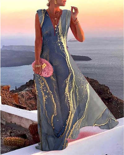 Blue Beach Marble Print Sleeveless Maxi Dress