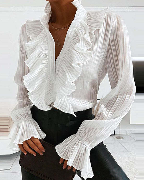 Elegant Ruffled Flared Sleeve Pleated Long Sleeve Shirt Top