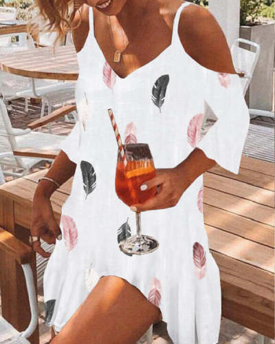 Printed V Neck Off-Shoulder Sexy Dress