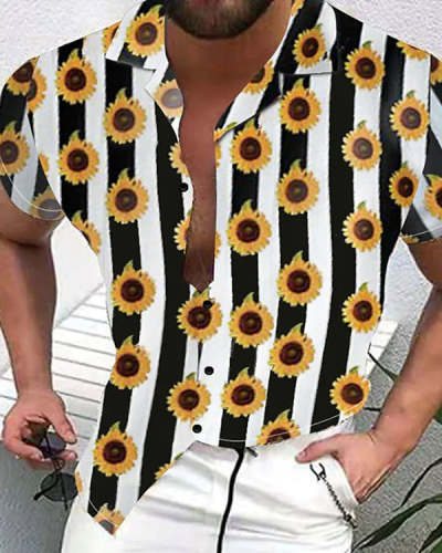 Men's Casual Button Sunflower Print Short Sleeve Top