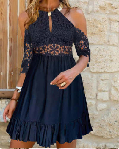 Off The Shoulder Printed Crew Neck Lace Dress