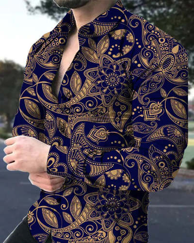Men's Printed Street Casual Button Print Long Sleeve Top