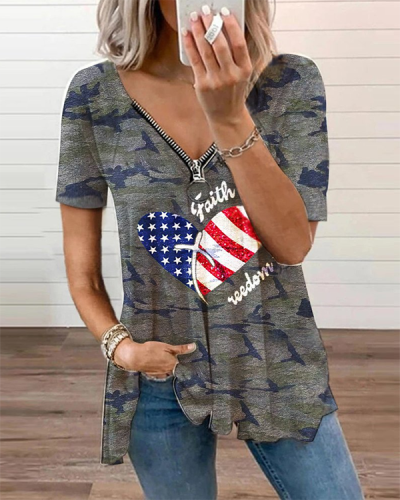 Casual Stars and Stripes Grey Camo Print Top