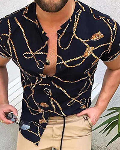 Men's Casual Button Print Short Sleeve Top