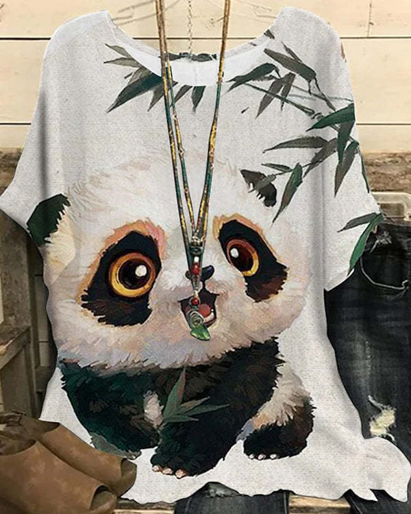 Panda Print Crew Neck Cotton Linen Loose Mid-Sleeve Top