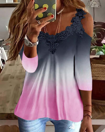 Lace Print V Neck Off Shoulder Long Sleeve Sexy Top